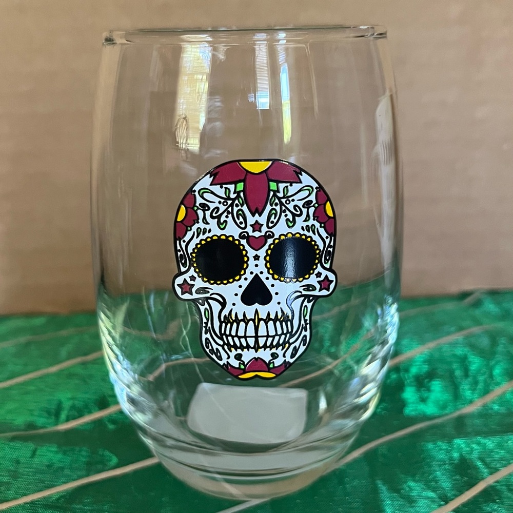 Day of the dead stemless spooky skeleton sugar wine glass 15oz